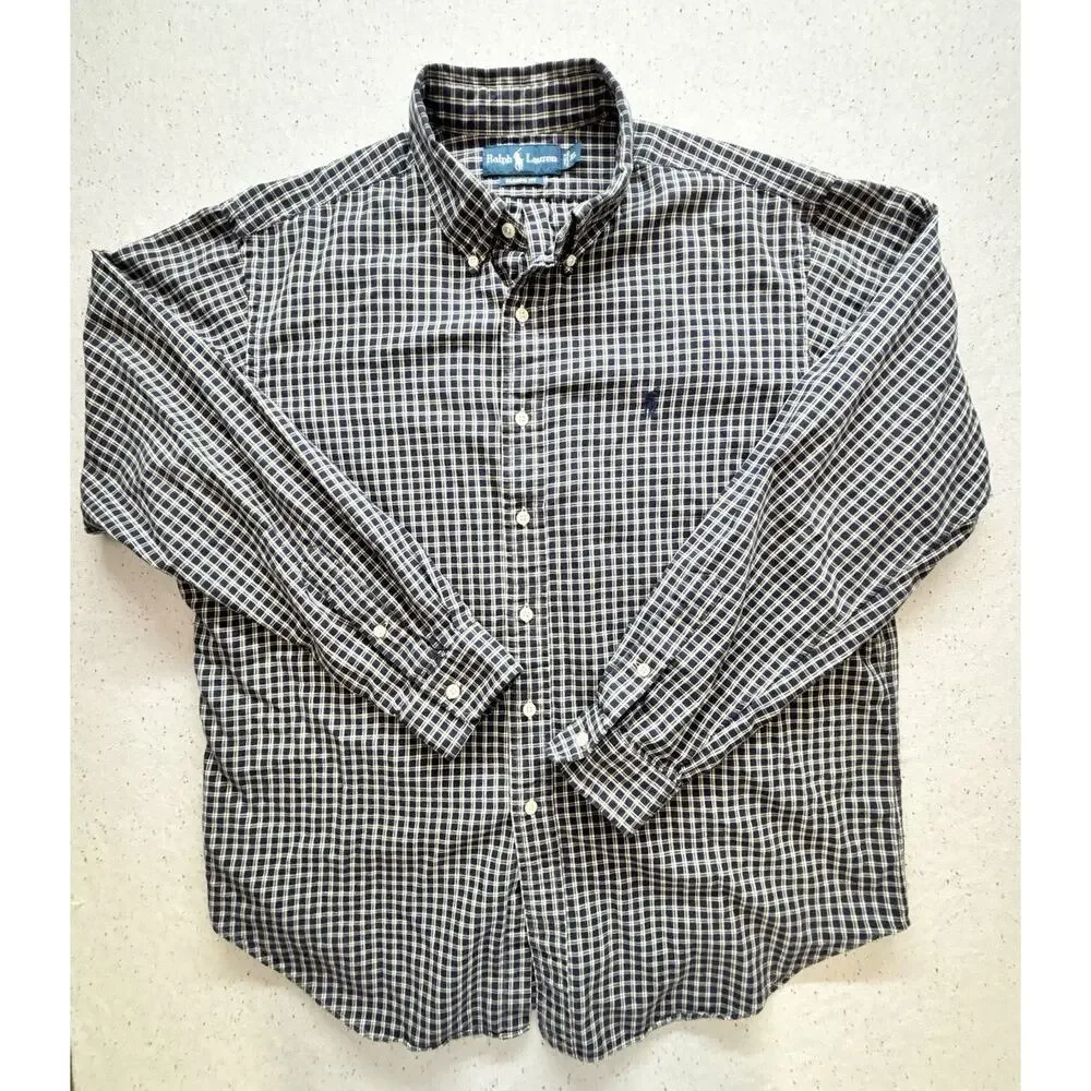 Polo Ralph Lauren Men Button Down Shirt XL Classic Fit Navy Blue Check Plaid LS